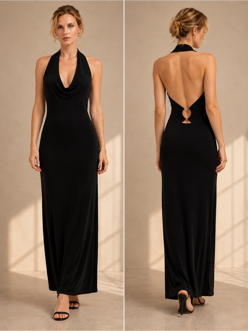 ZARA Black Halter Open Back Maxi Dress Size L NWT